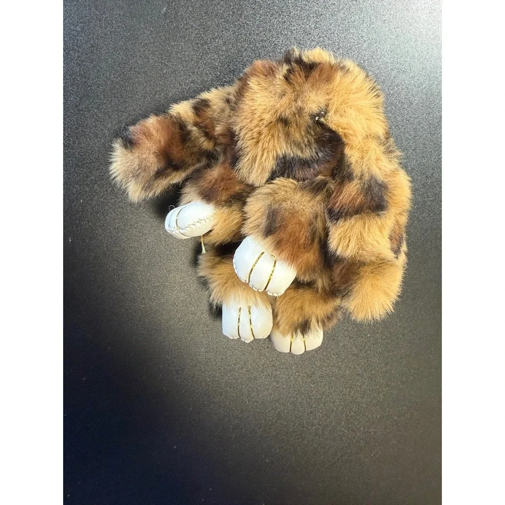Leopard Print Faux Fur Bunny Keychain Bag Charm Gold Tone Ring Brown Tan JB4